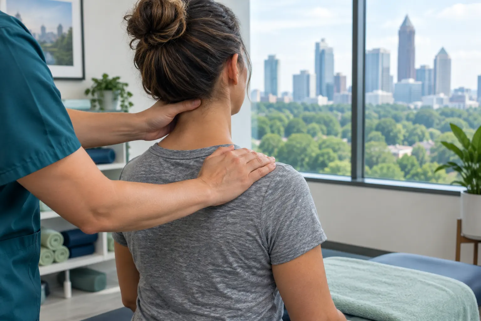 A physical therapist checks the neck and shoulder of a seated patient, with the Atlanta skyline and tree canopy in the window.